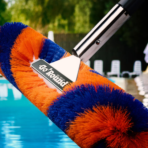 Blue Torrent Pumps GoRound 360 Pro Pool Brush demonstrates 360-degree cleaning for walls and floors.