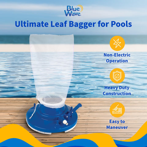 Blue Wave Leaf Bagger side view shows rugged construction for durable pool cleaning.