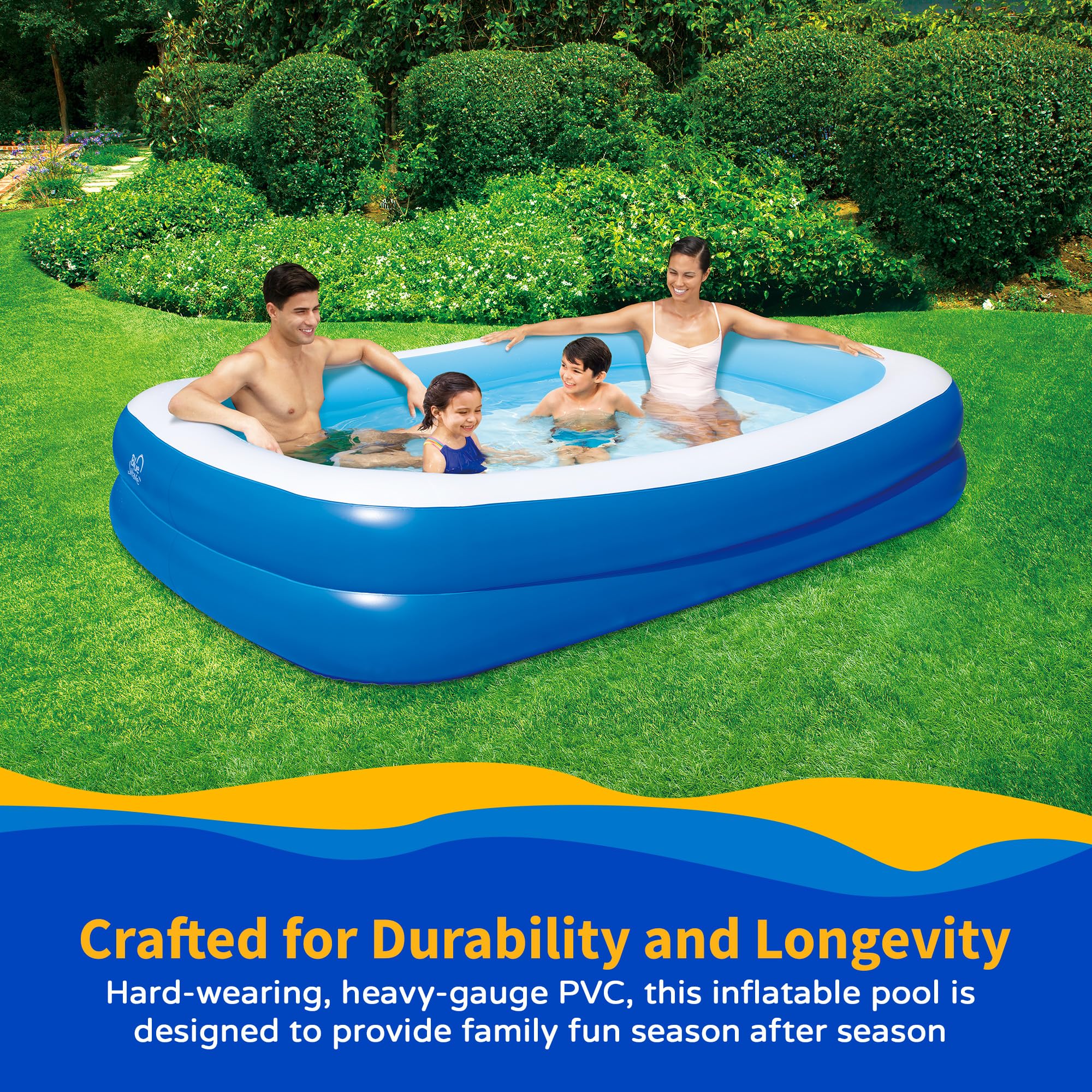 Blue Wave puncture-resistant PVC construction ensures durability for seasons.