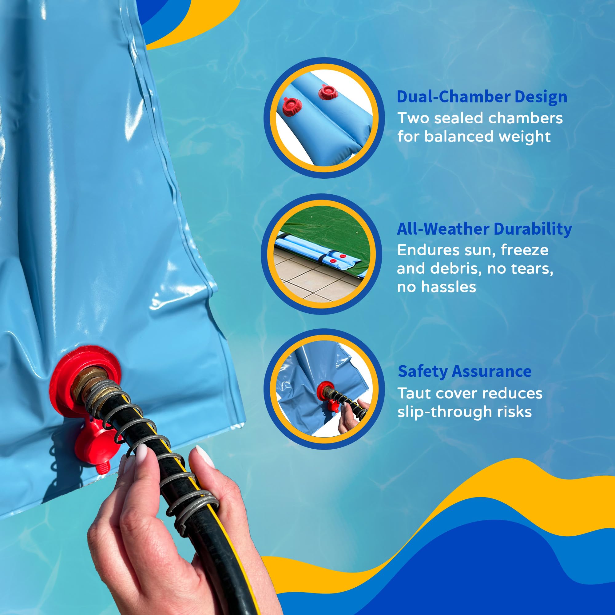 Blue Wave versatile design fits solid, mesh, and hybrid pool covers securely.