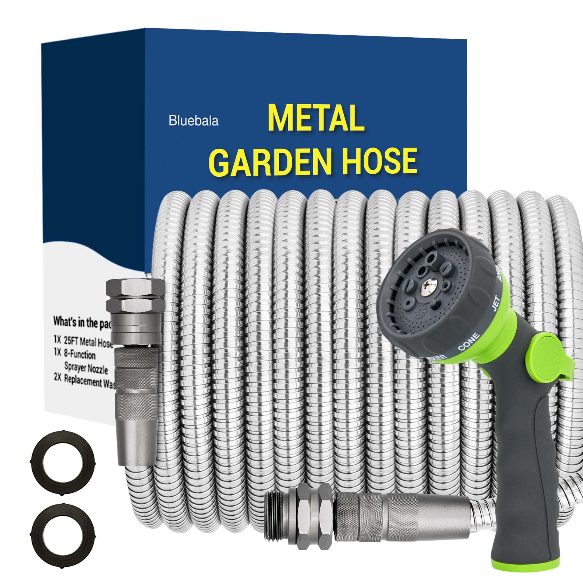 BlueBala 100ft stainless steel garden hose exterior shows rugged outdoor durability.
