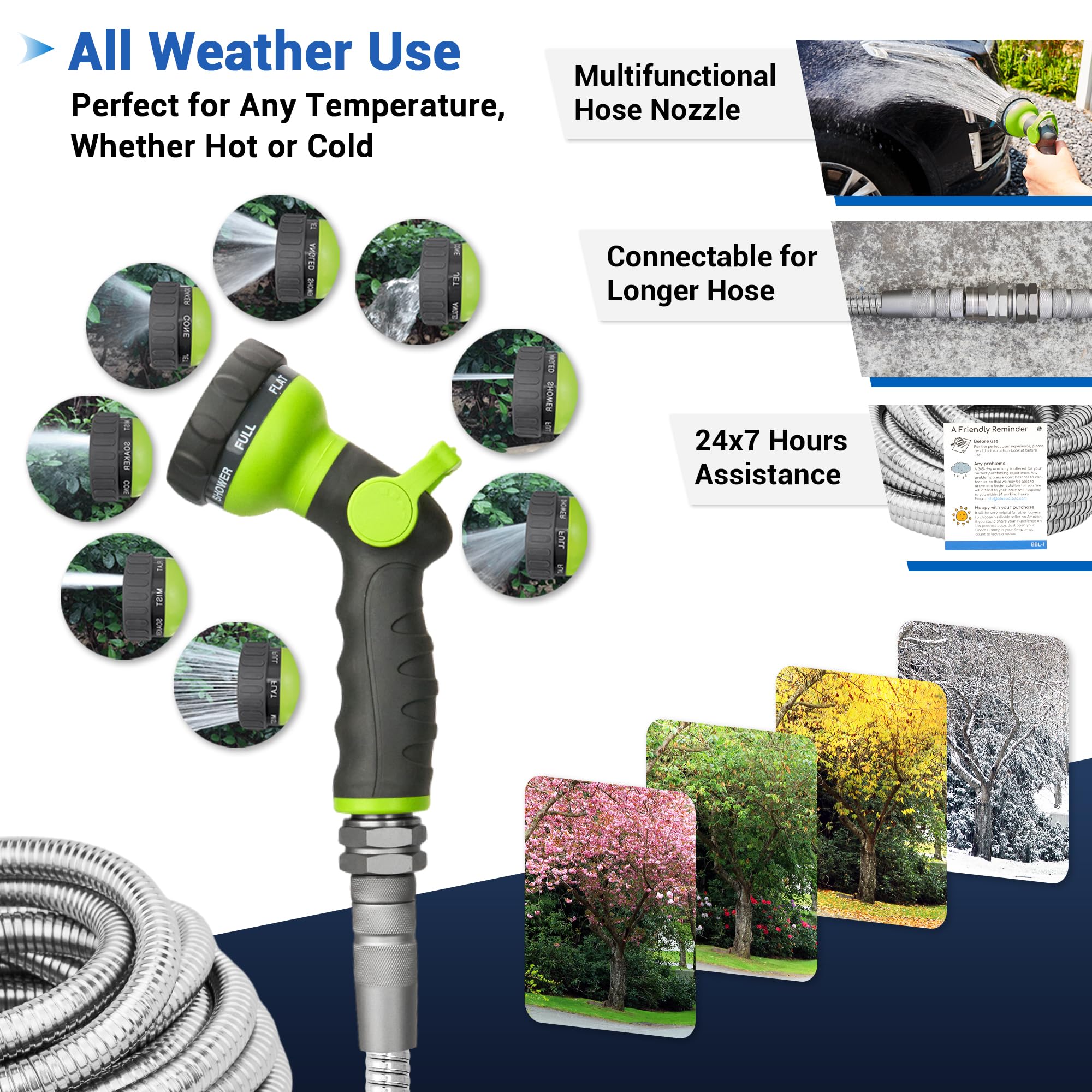 BlueBala 50ft stainless steel garden hose coils neatly for tidy storage.