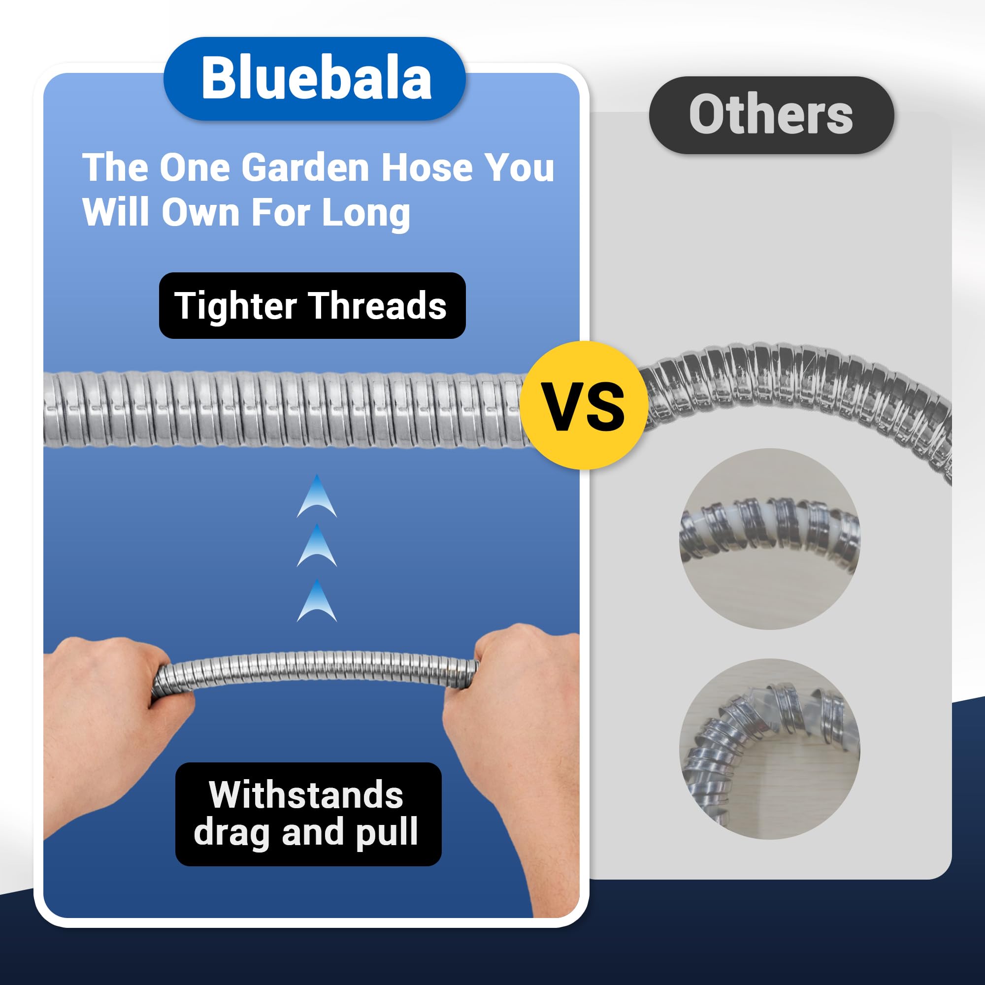 BlueBala 50ft stainless steel garden hose is lightweight for easy handling.