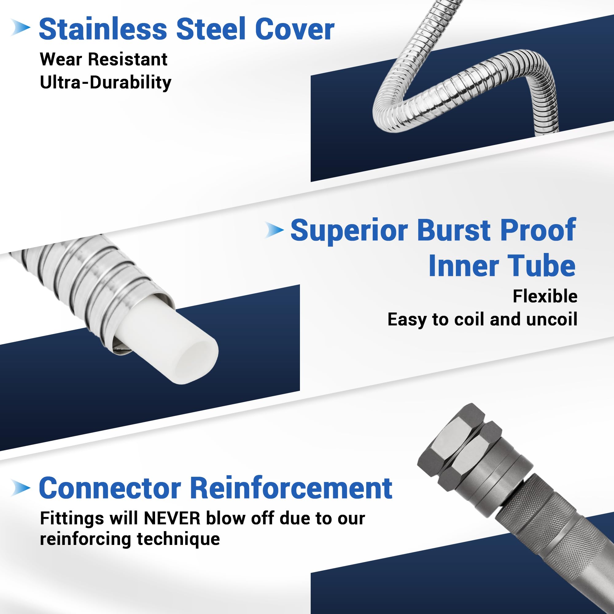 BlueBala no-kink metal hose with swivel fittings prevents tangling during watering.