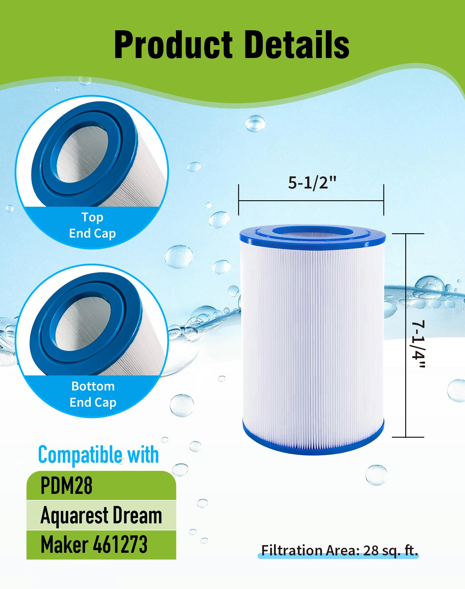 BLUEFLO PDM28 spa filter length shown for precise replacement fit.