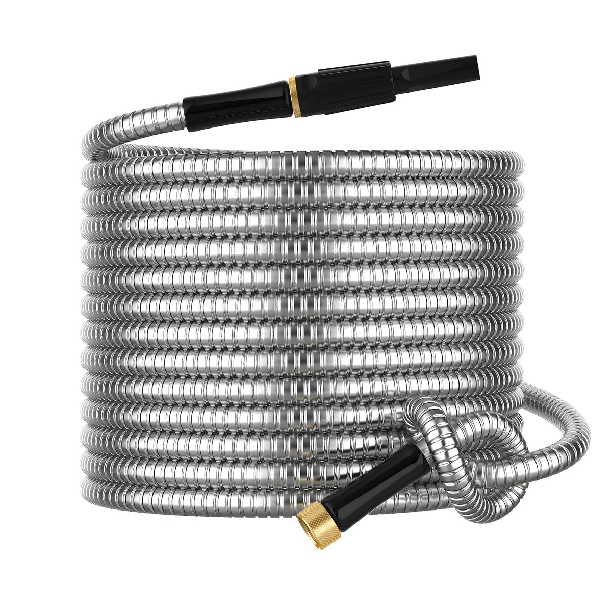 BlueGarden non-expandable metal hose 30ft coiled for easy storage.