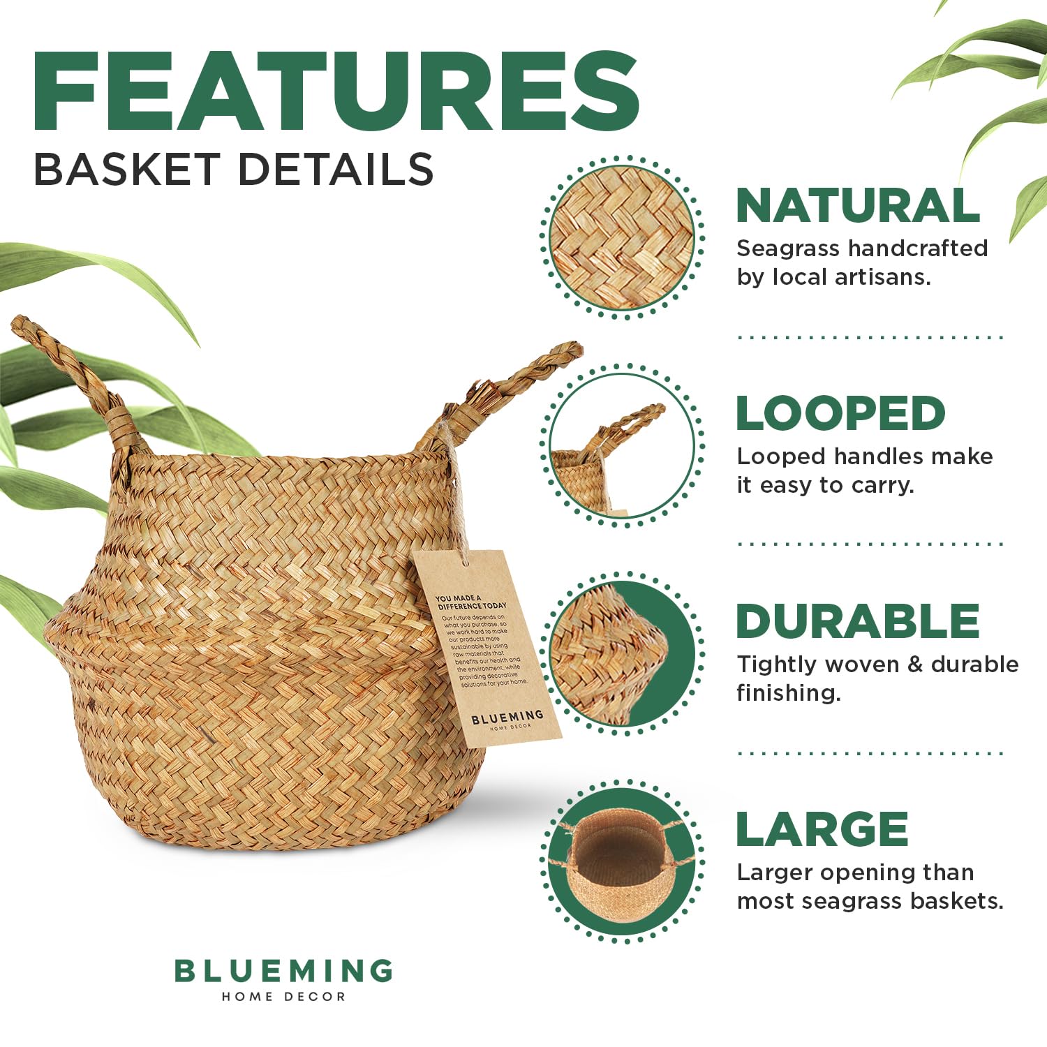 Blueming Home Decor basket planter with olive tree display, adds natural texture to interiors.