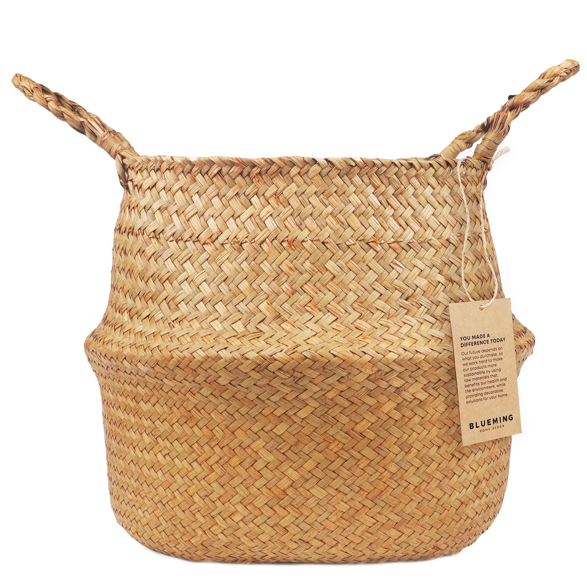 Blueming Home Decor plant basket frames an olive tree pot with natural seagrass texture.