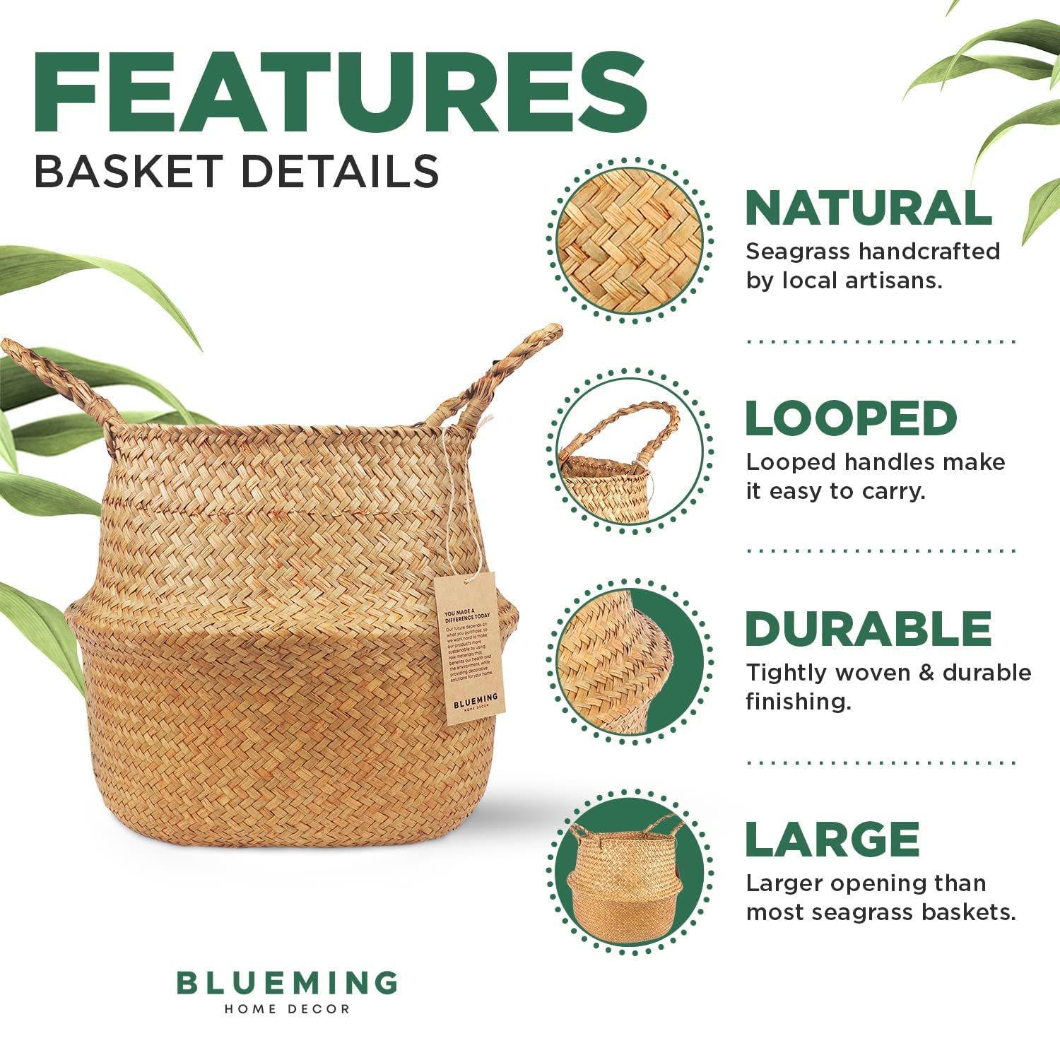 Blueming Home Decor woven seagrass basket adds warm boho style indoors.