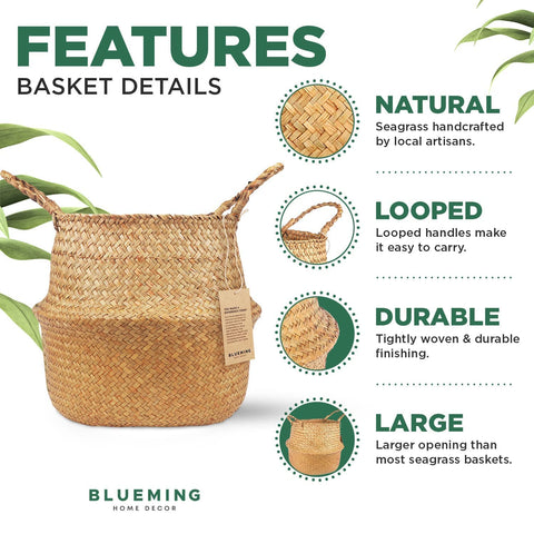 Blueming Home Decor woven seagrass basket adds warm boho style indoors.