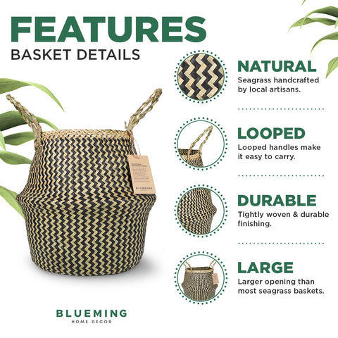 Blueming Home indoor planter basket in black woven design complements monstera and snake plants.