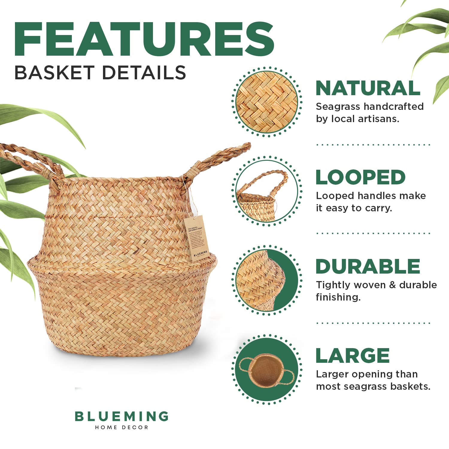 Blueming Olive Tree Basket showcases decorative rattan design to enhance indoor decor.
