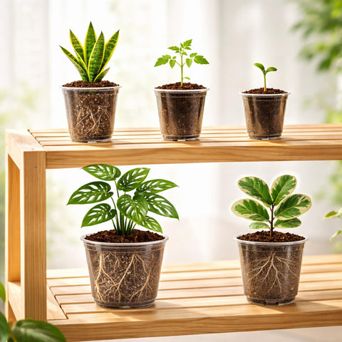 Bluepro clear nursery pot with drainage holes highlights moisture and root health.