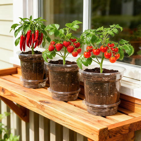 Bluepro clear nursery pots supporting herbs, flowers, and vegetables.