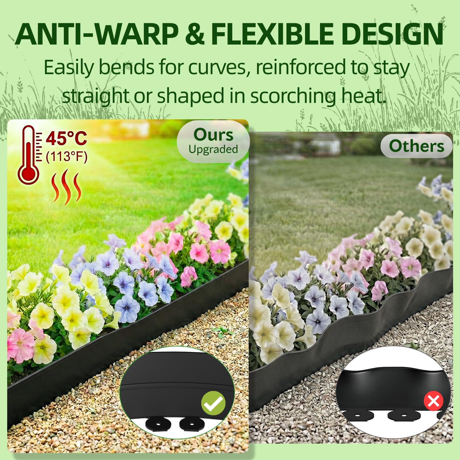 Reinforced no-curl Bluepro border stays straight under sun exposure.