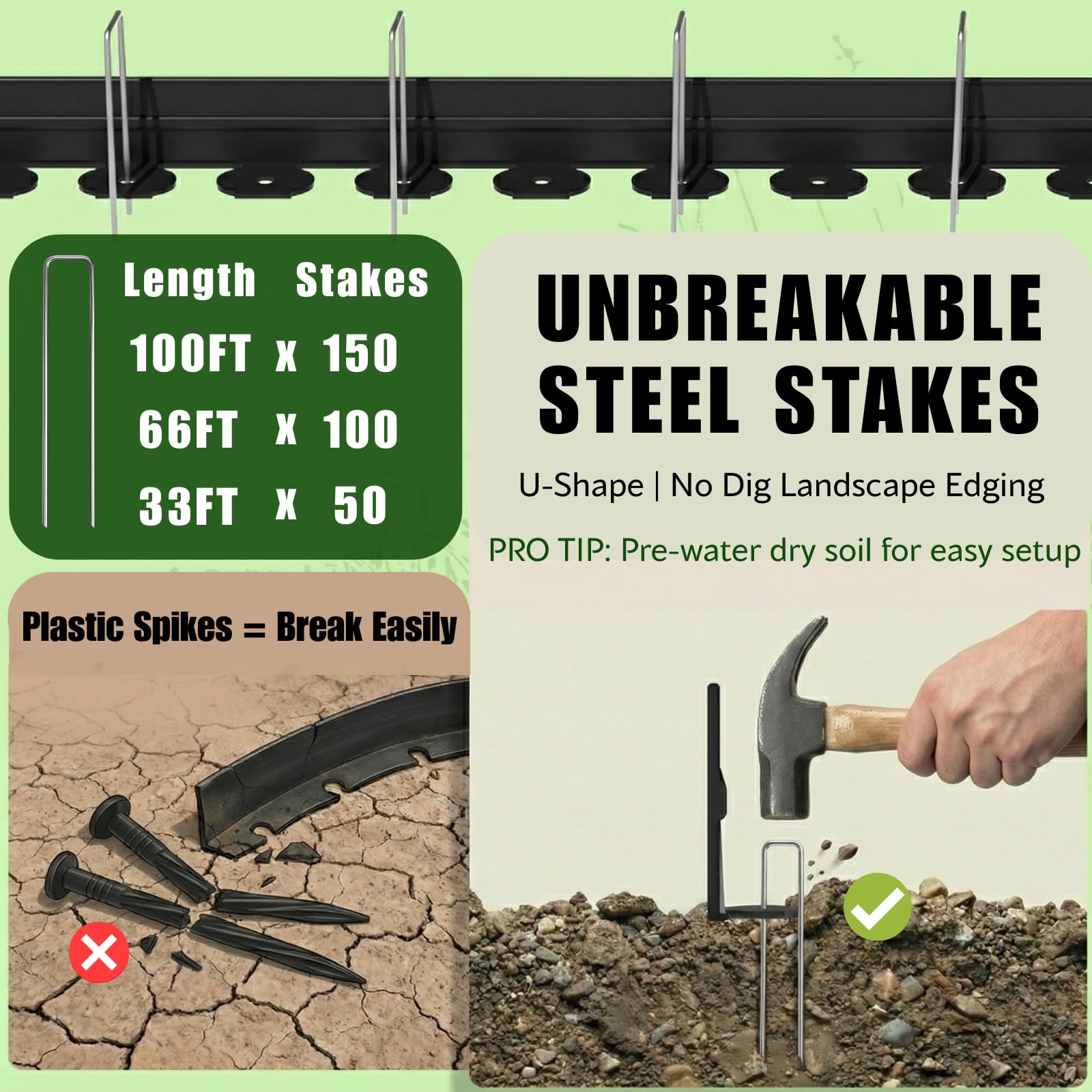 Bluepro edging with steel stakes provides strong anchoring in hard soil.