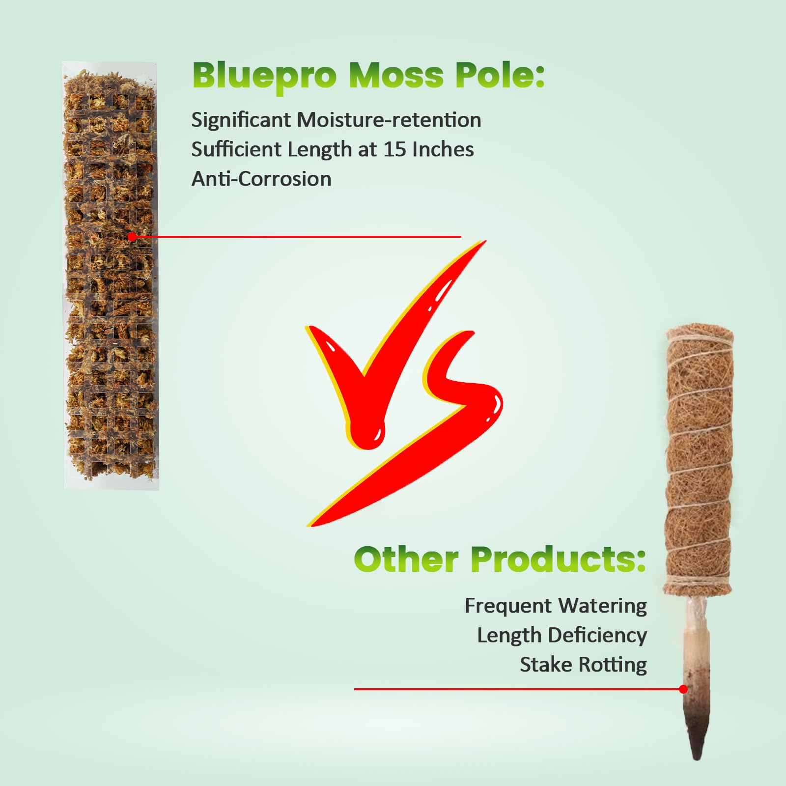 Bluepro moss pole compatible with sphagnum moss for moisture benefits.