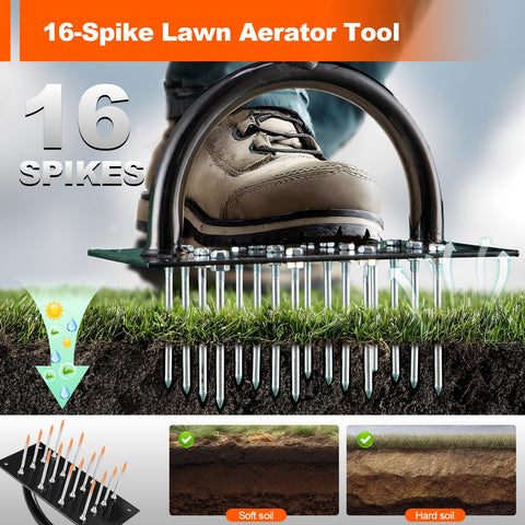 Bluesea aerator's 4x4 spike grid penetrates compacted soil.