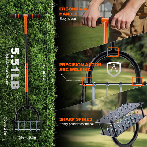 Bluesea aerator features an ergonomic T-handle for comfortable lawn work.