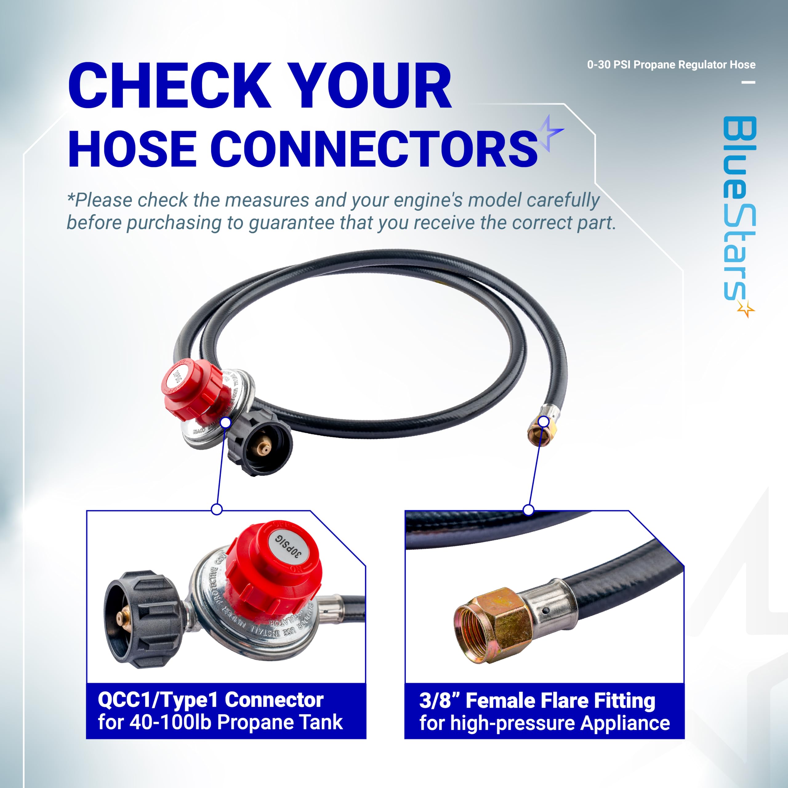 BlueStars 3/8-inch flare outlet for high-pressure appliances.