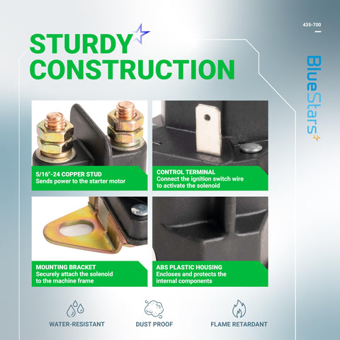 BlueStars 435-700 solenoid compatibility image with Husqvarna riders and zero-turn mowers.