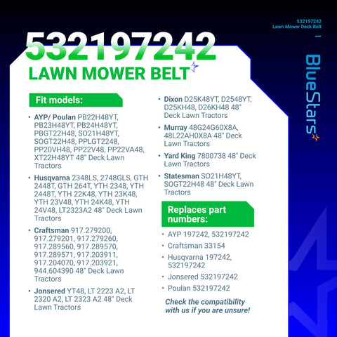 BlueStars 532197242 compatibility chart highlights broad tractor compatibility.