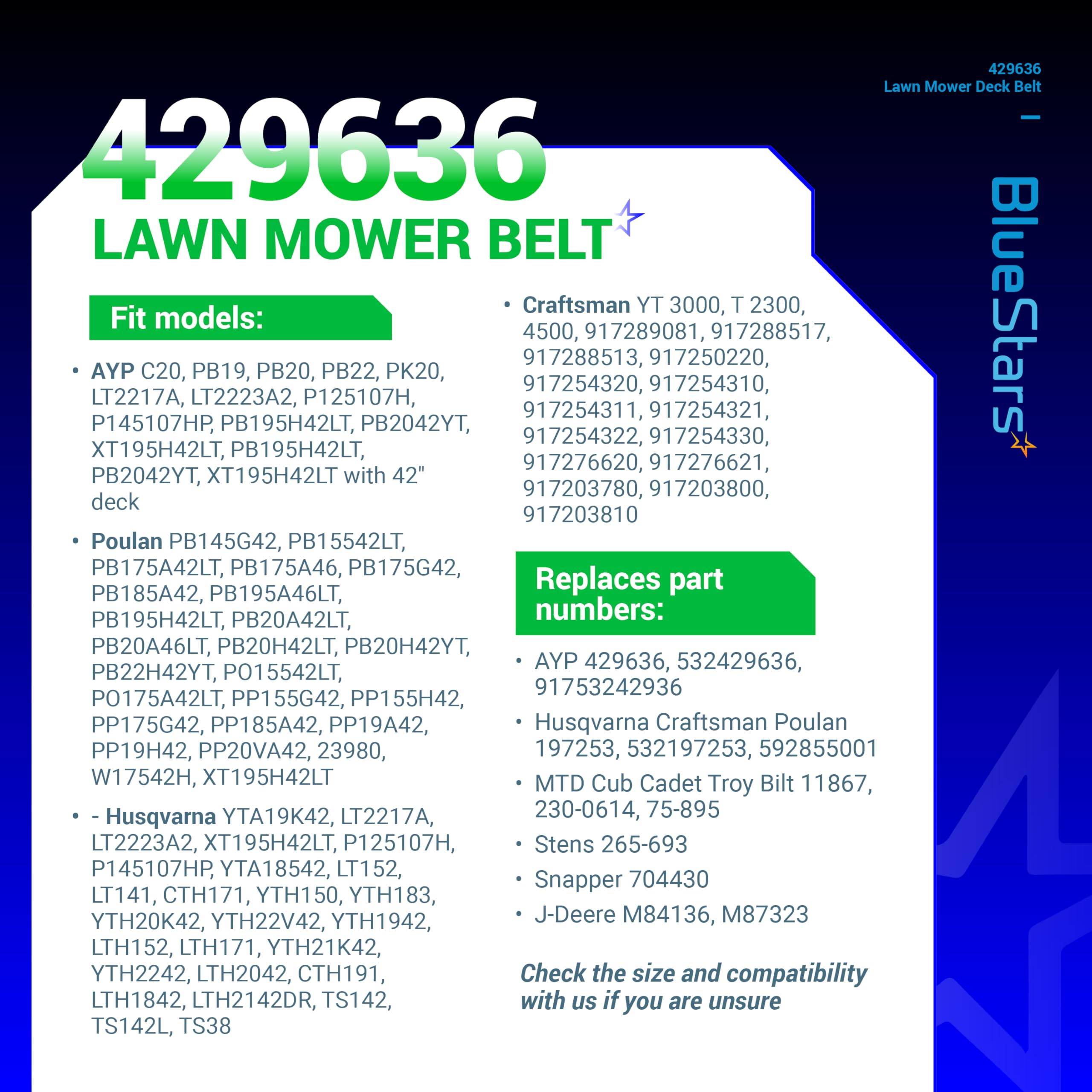 BlueStars 532197253 deck belt ensures steady cutting on 42-inch decks
