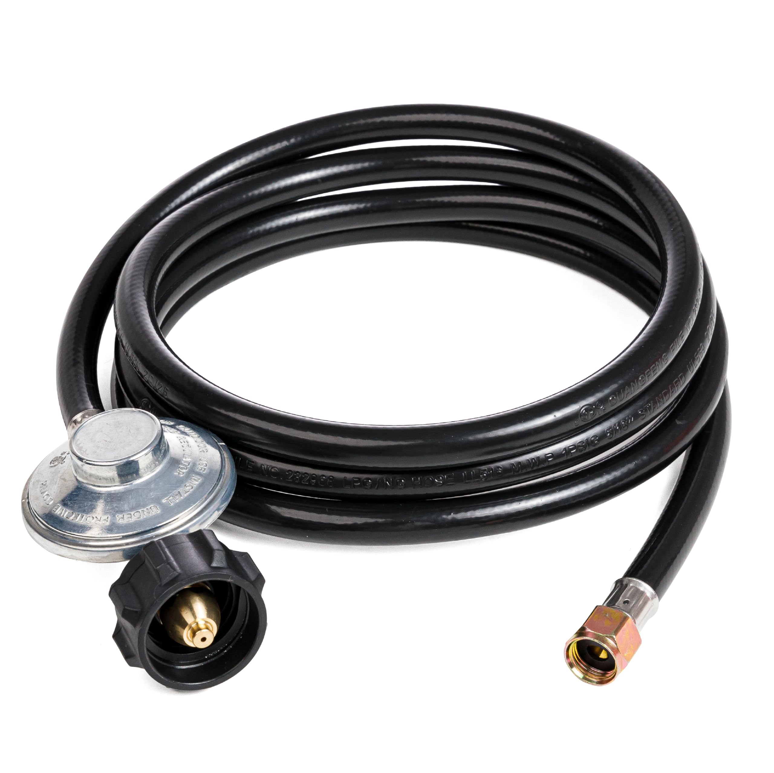 BlueStars 8ft propane hose with regulator for outdoor grilling.