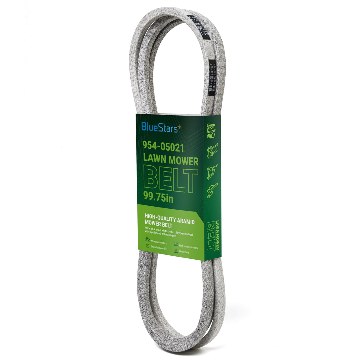 BlueStars 954-05021 deck belt close-up with aramid cord for durable mowing performance.