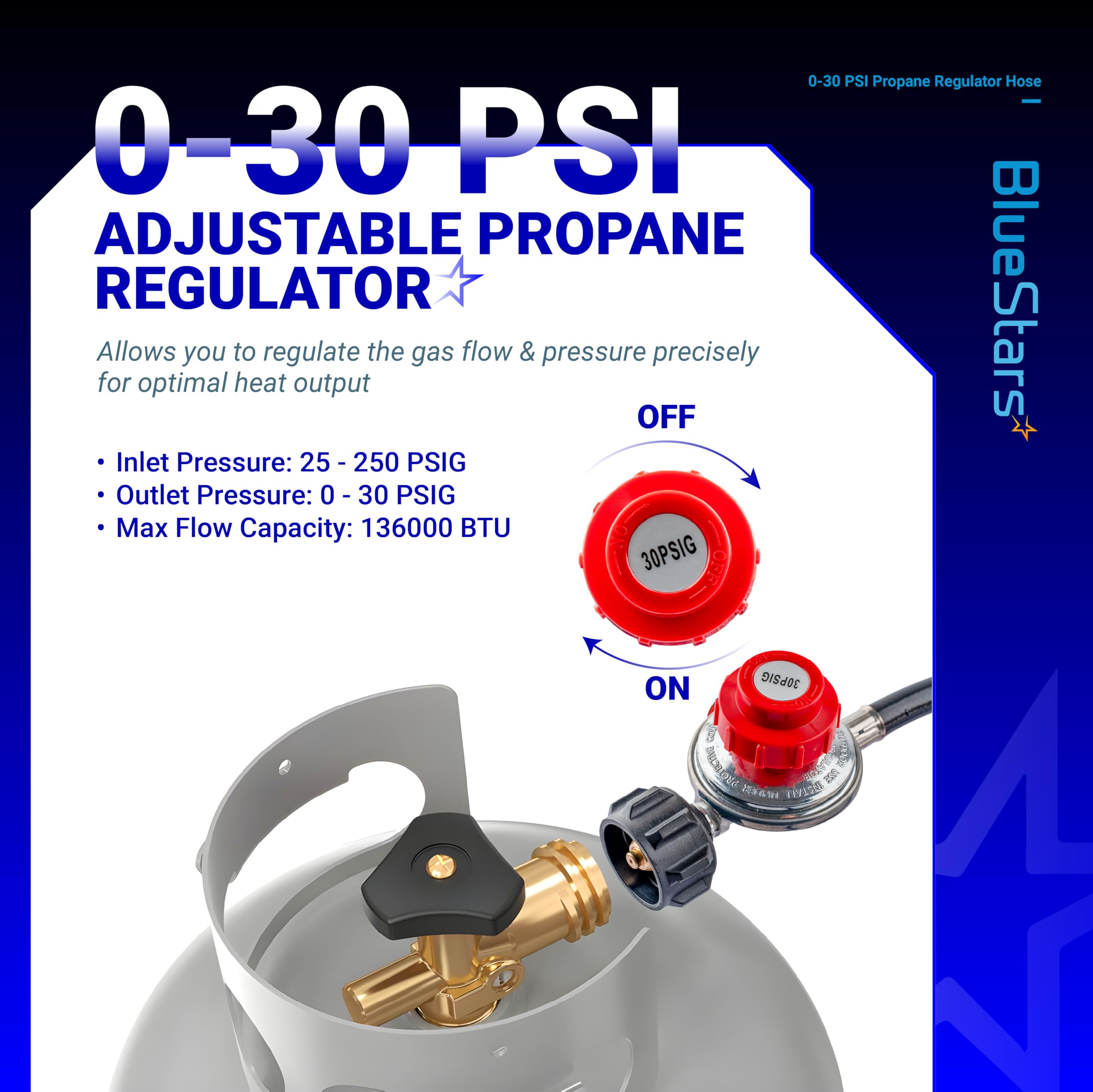 BlueStars adjustable 0-30 psi regulator enables precise heat control.