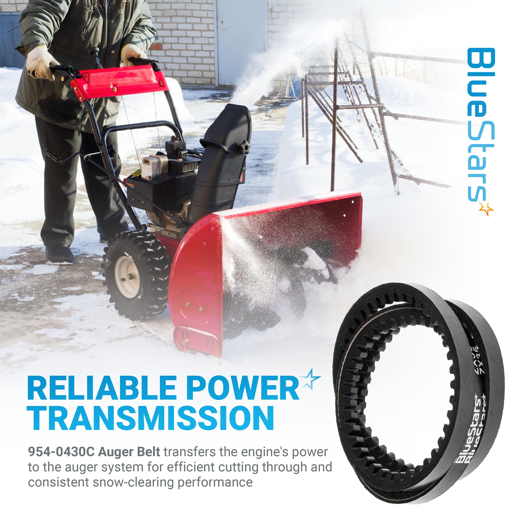 BlueStars auger drive belt mounted on a snow blower for reliable operation