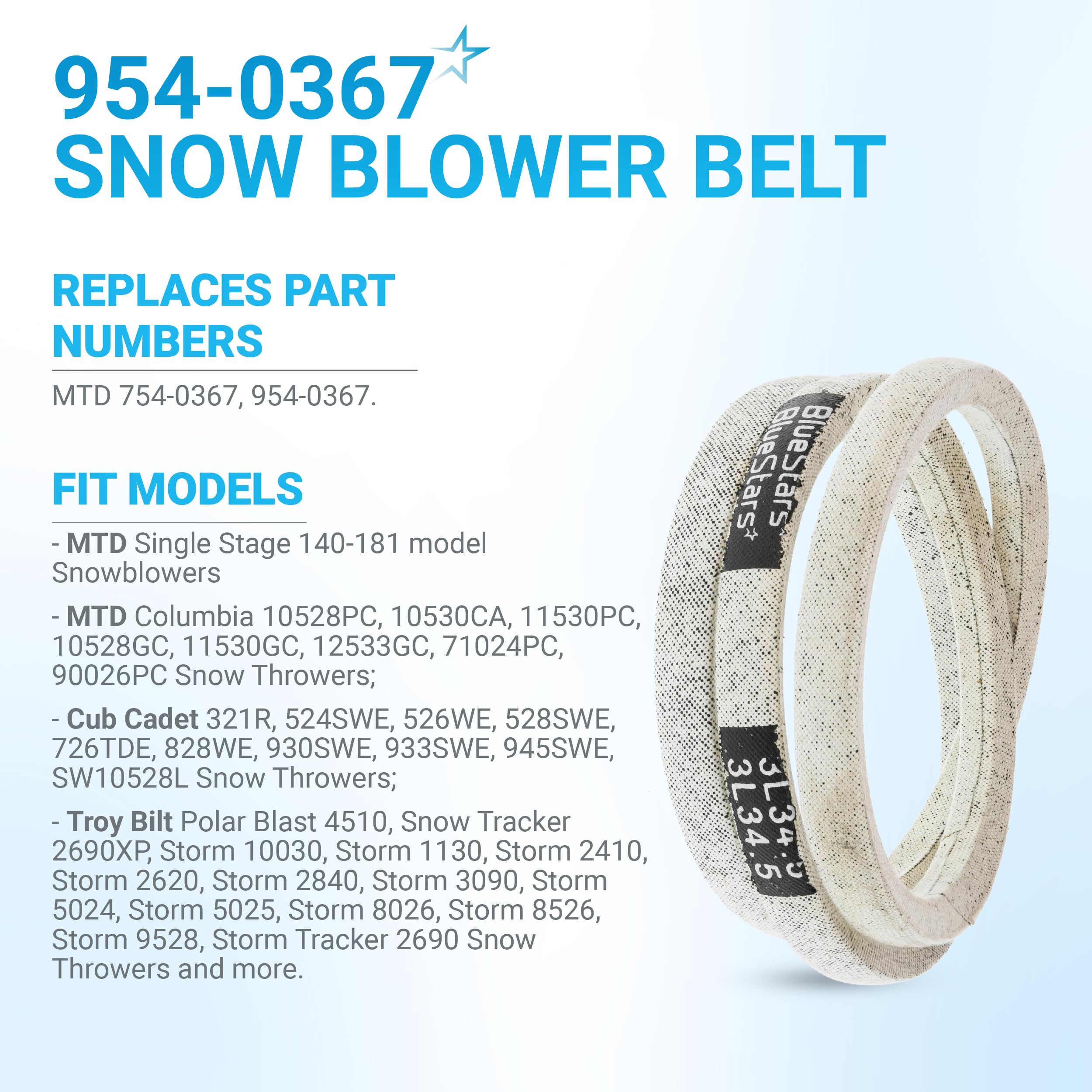 BlueStars belt length shown as 34.5 inches for compatibility.