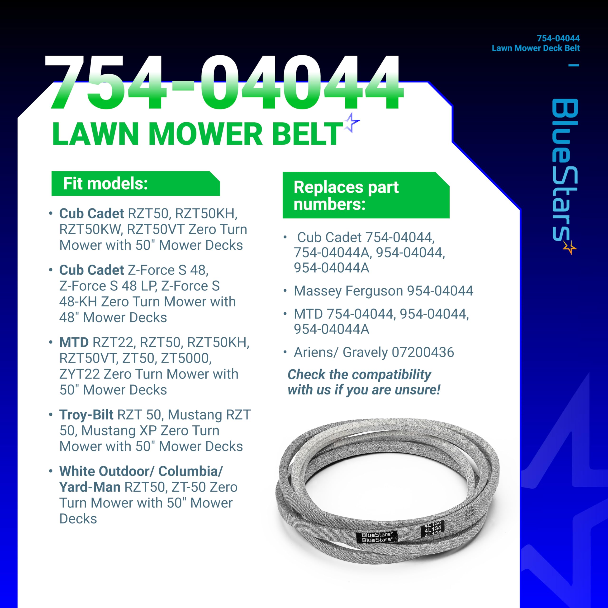 BlueStars MTD replacement belt 754-04044 replacement for deck reliability