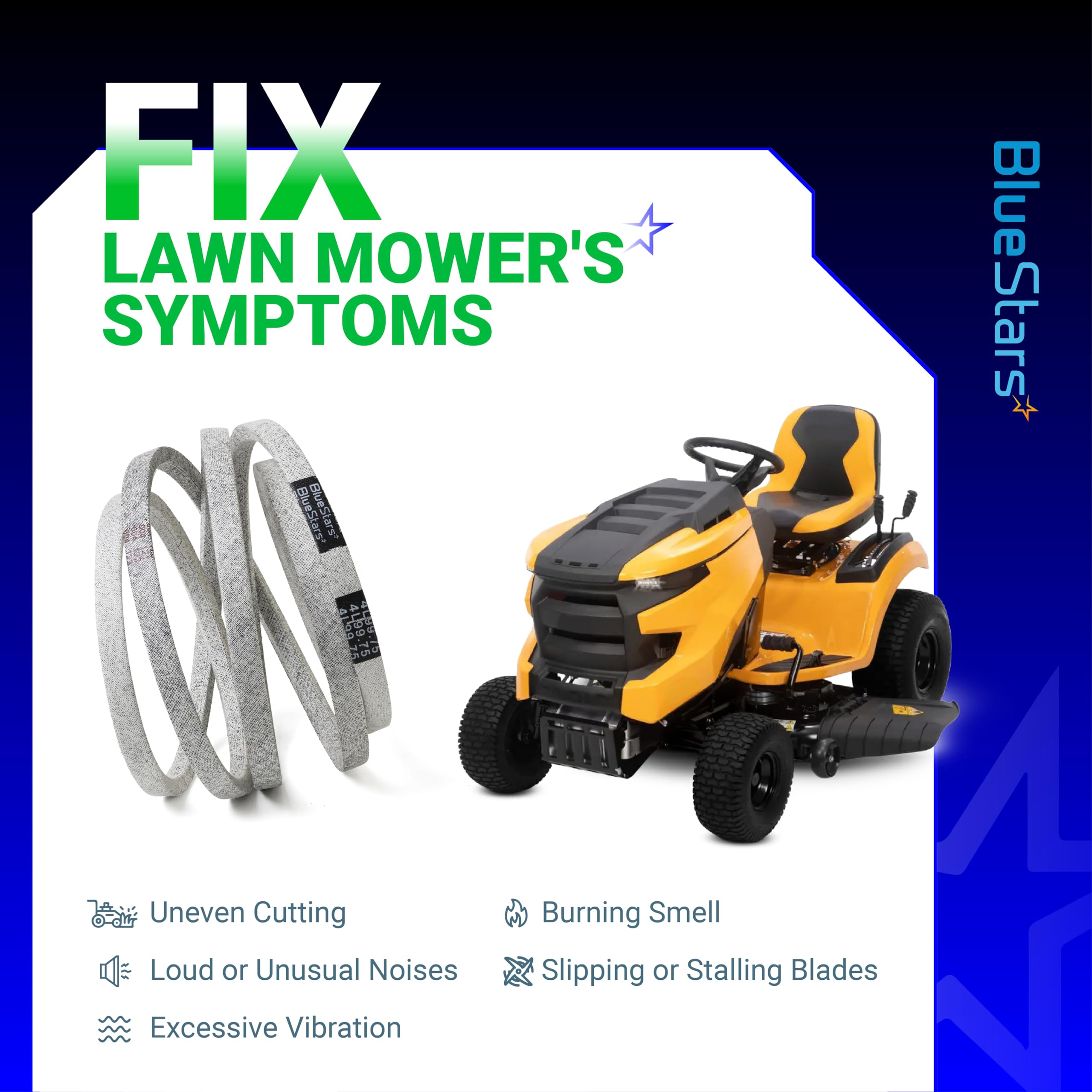 BlueStars belt engaged on mower pulleys demonstrating strong grip and reduced slippage.