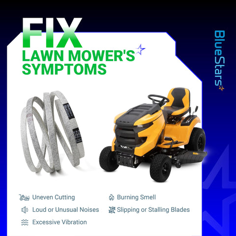 BlueStars belt engaged on mower pulleys demonstrating strong grip and reduced slippage.