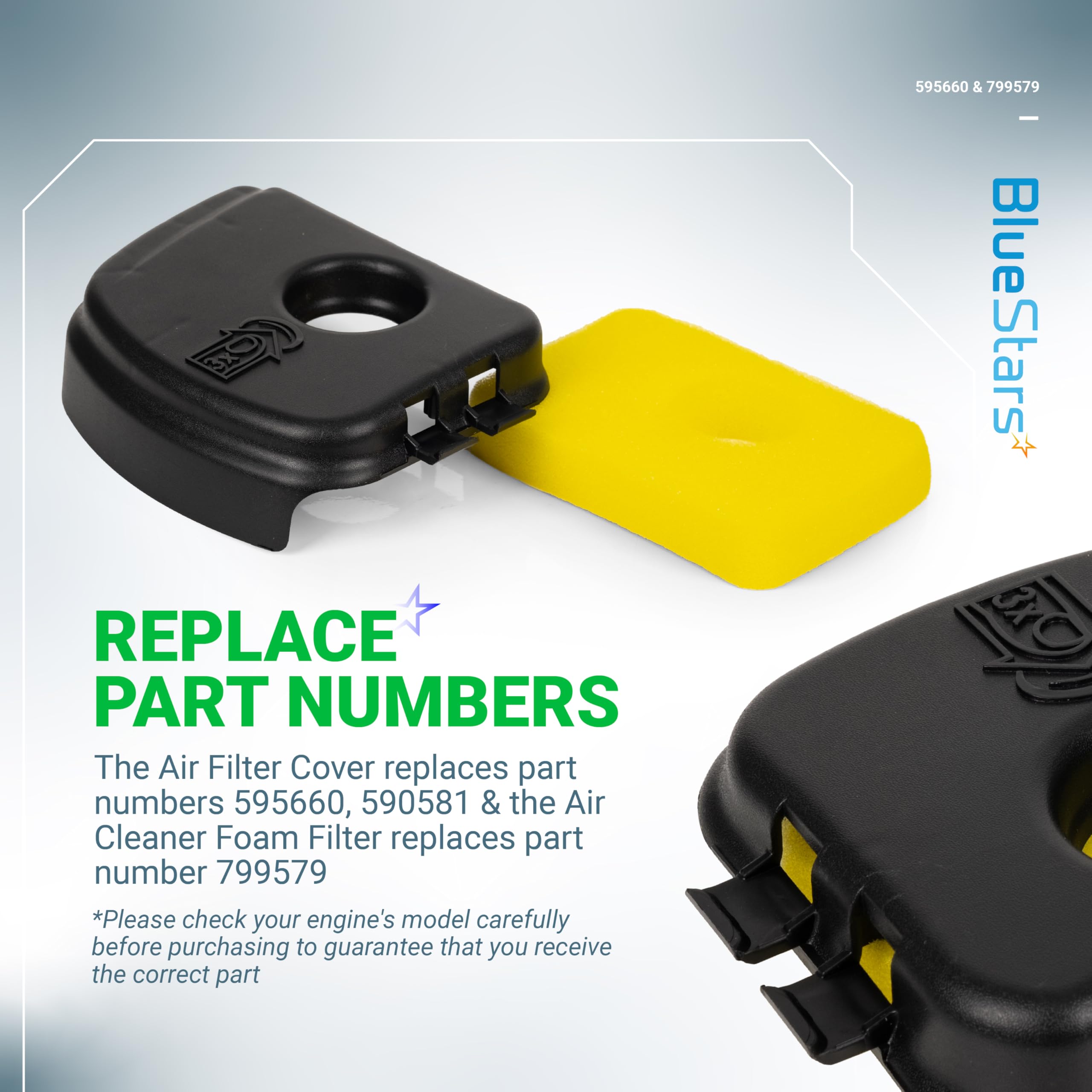 BlueStars Briggs & Stratton compatibility image confirms broad engine fit.