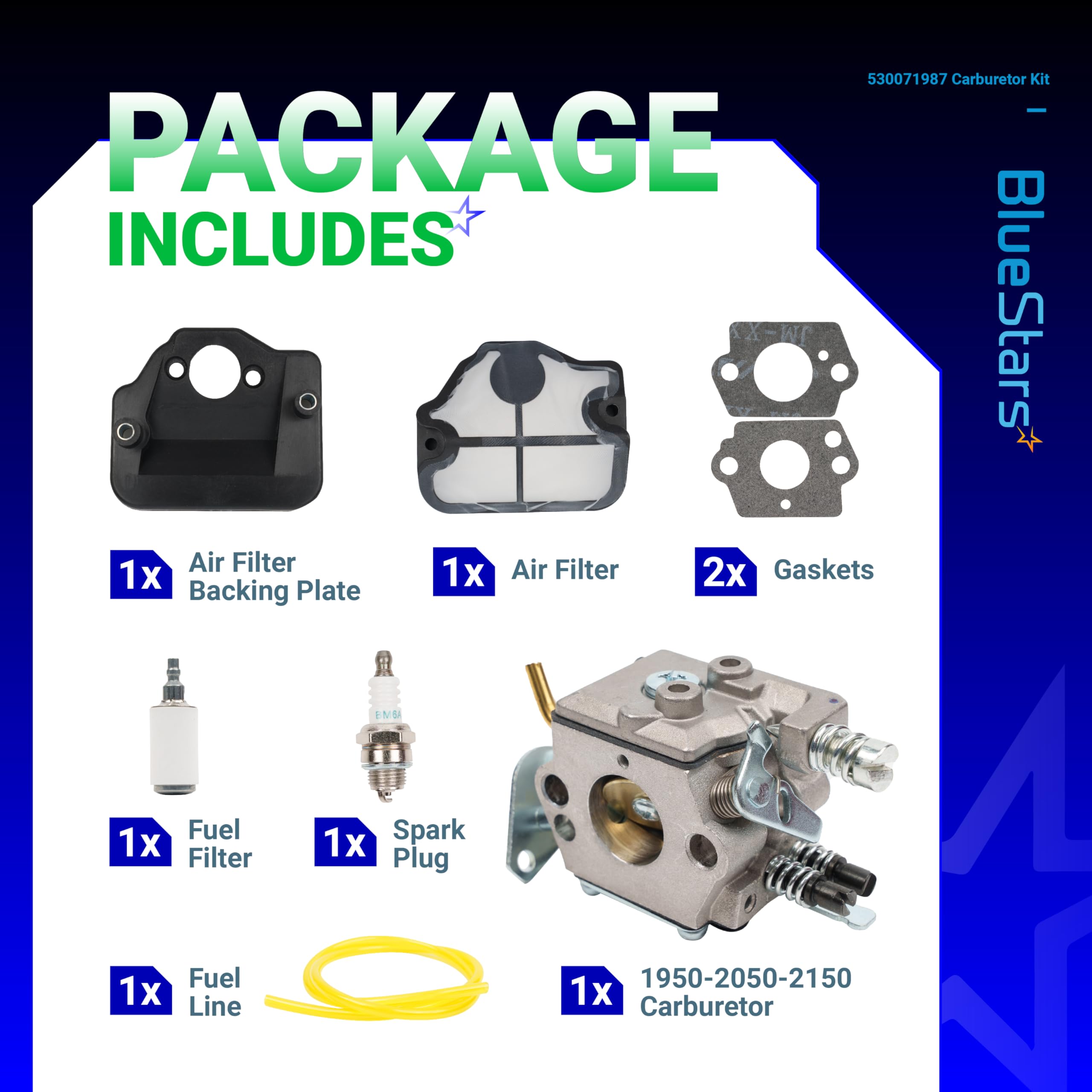 BlueStars carburetor Walbro compatibility label indicates wide model coverage