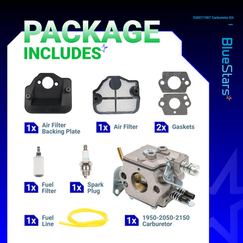 BlueStars carburetor Walbro compatibility label indicates wide model coverage