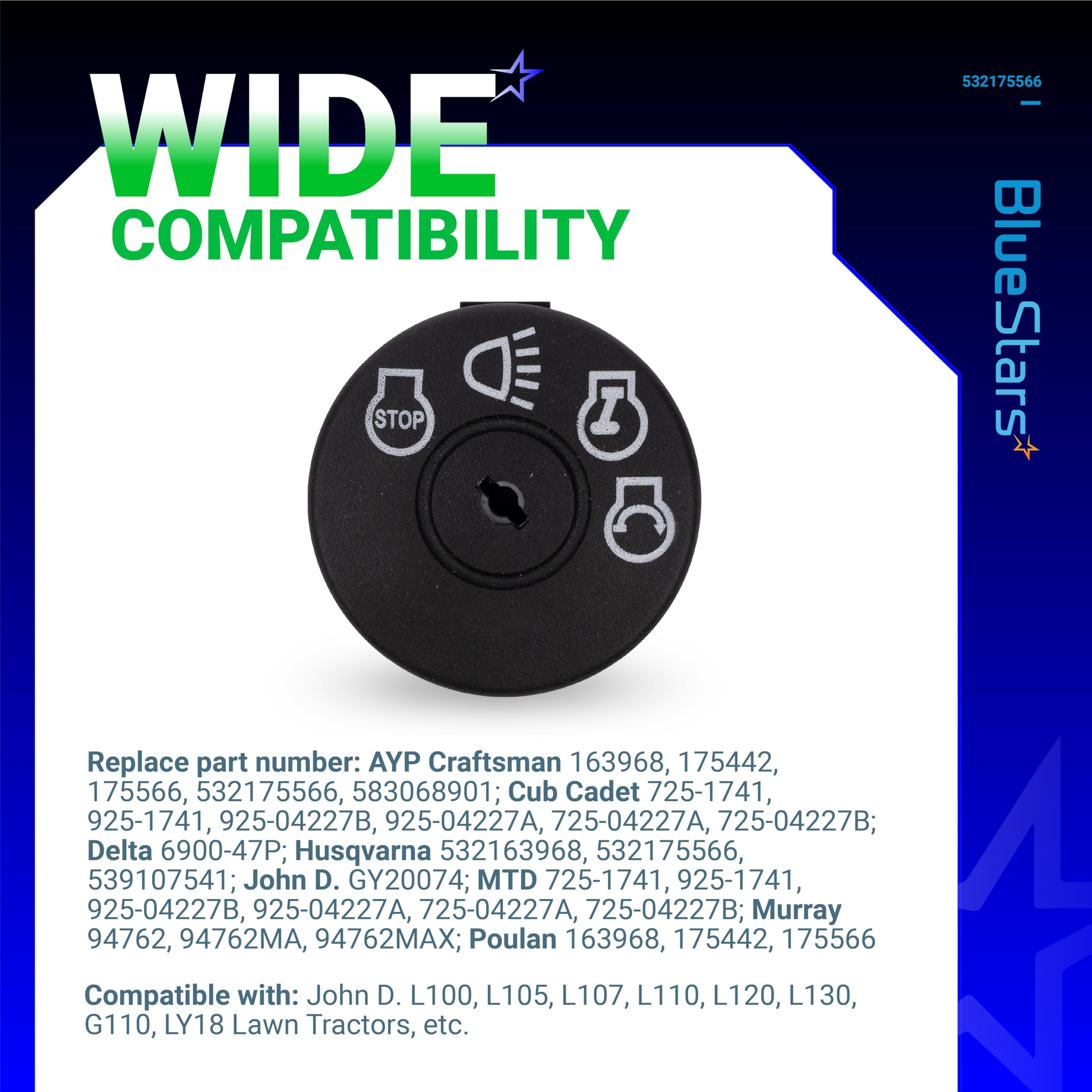 BlueStars compatibility chart highlights broad mower model coverage.