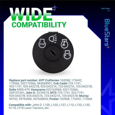 BlueStars compatibility chart highlights broad mower model coverage.
