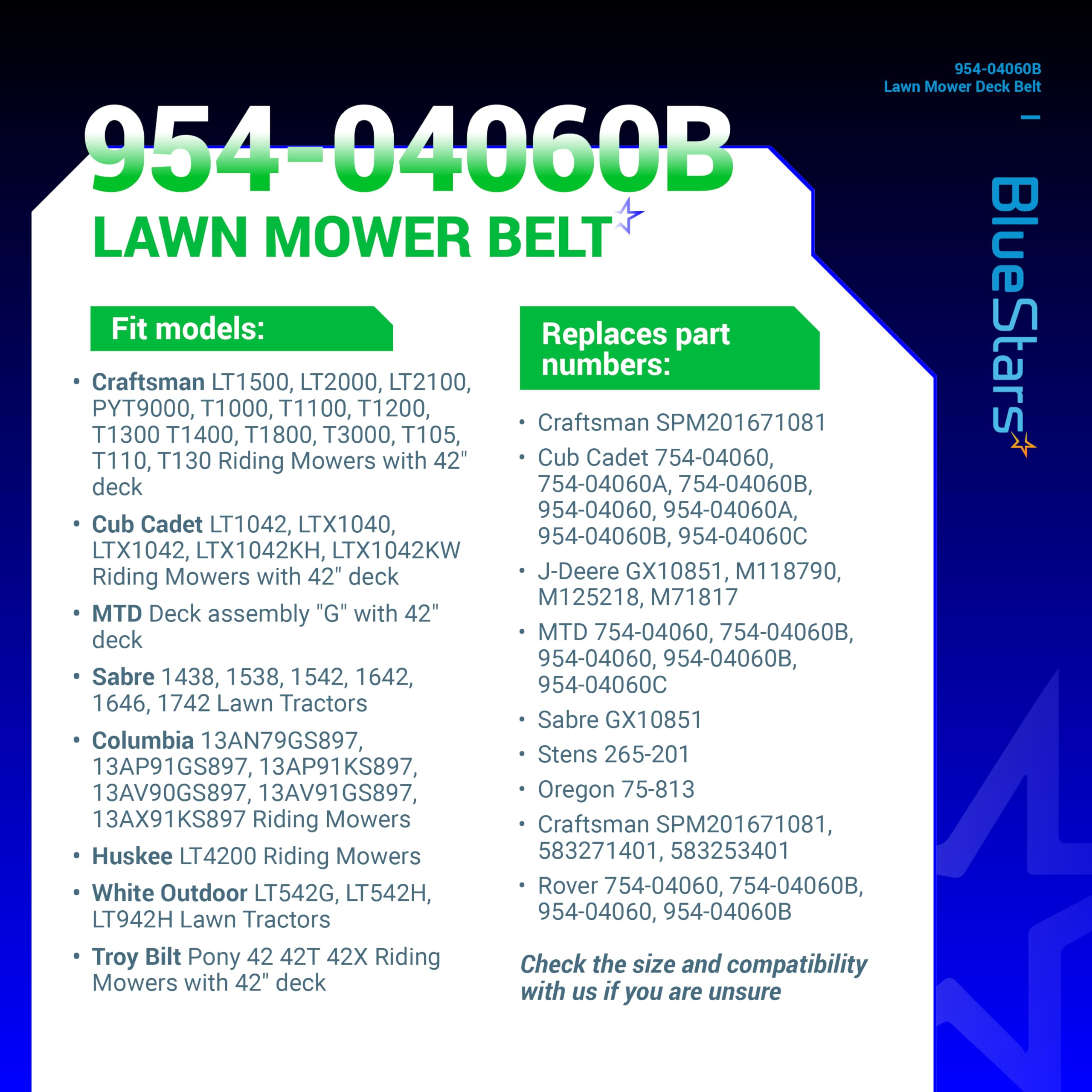 BlueStars Cub Cadet 42in deck-belt fit keeps the deck turning with steadier tension