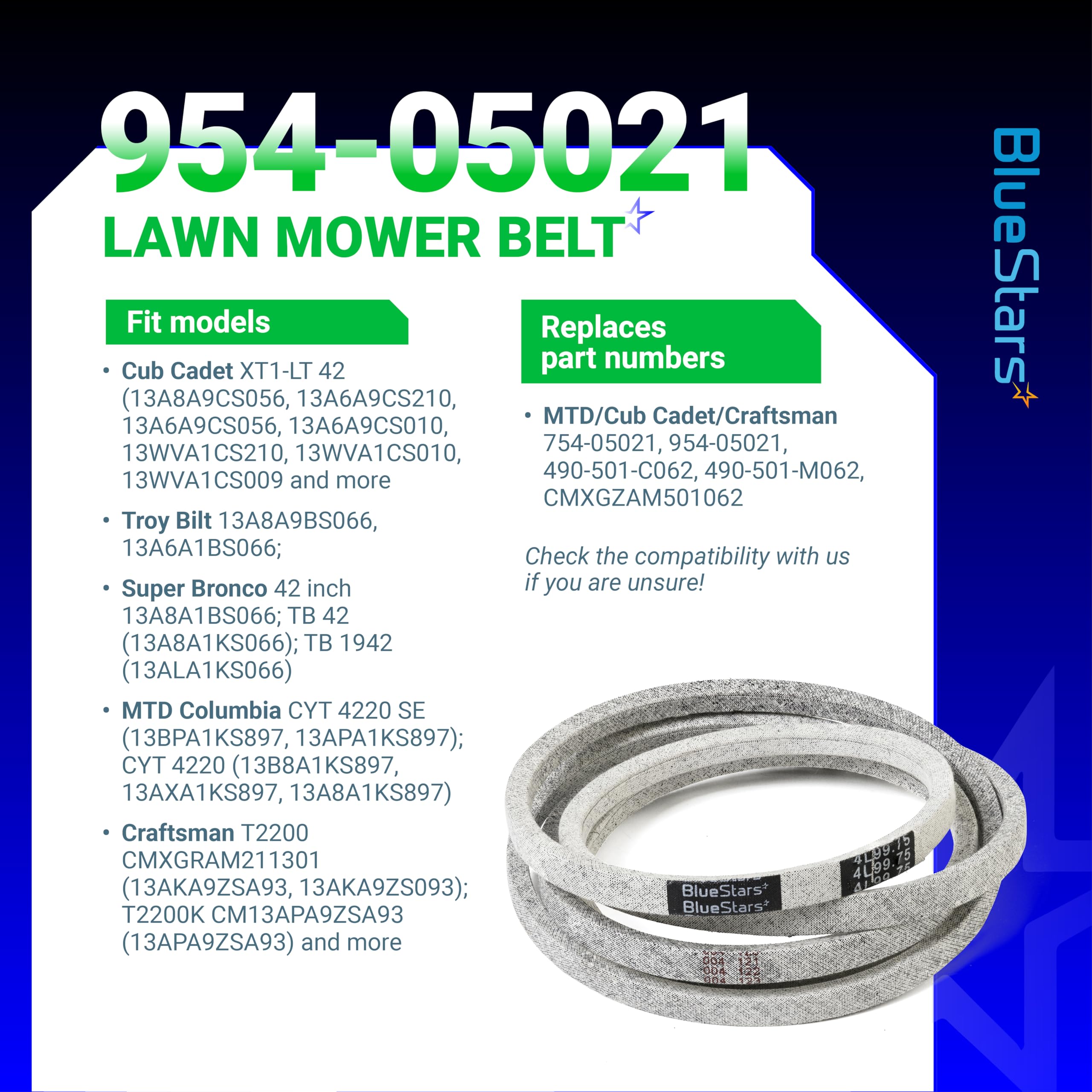 BlueStars deck belt close-up reveals two-layer wrap and aramid reinforcement for durability.