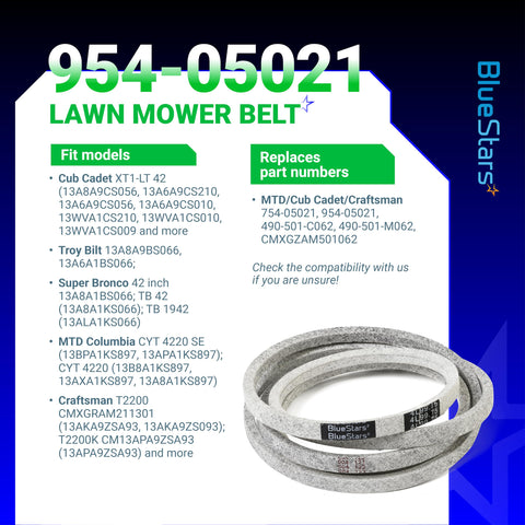 BlueStars deck belt close-up reveals two-layer wrap and aramid reinforcement for durability.