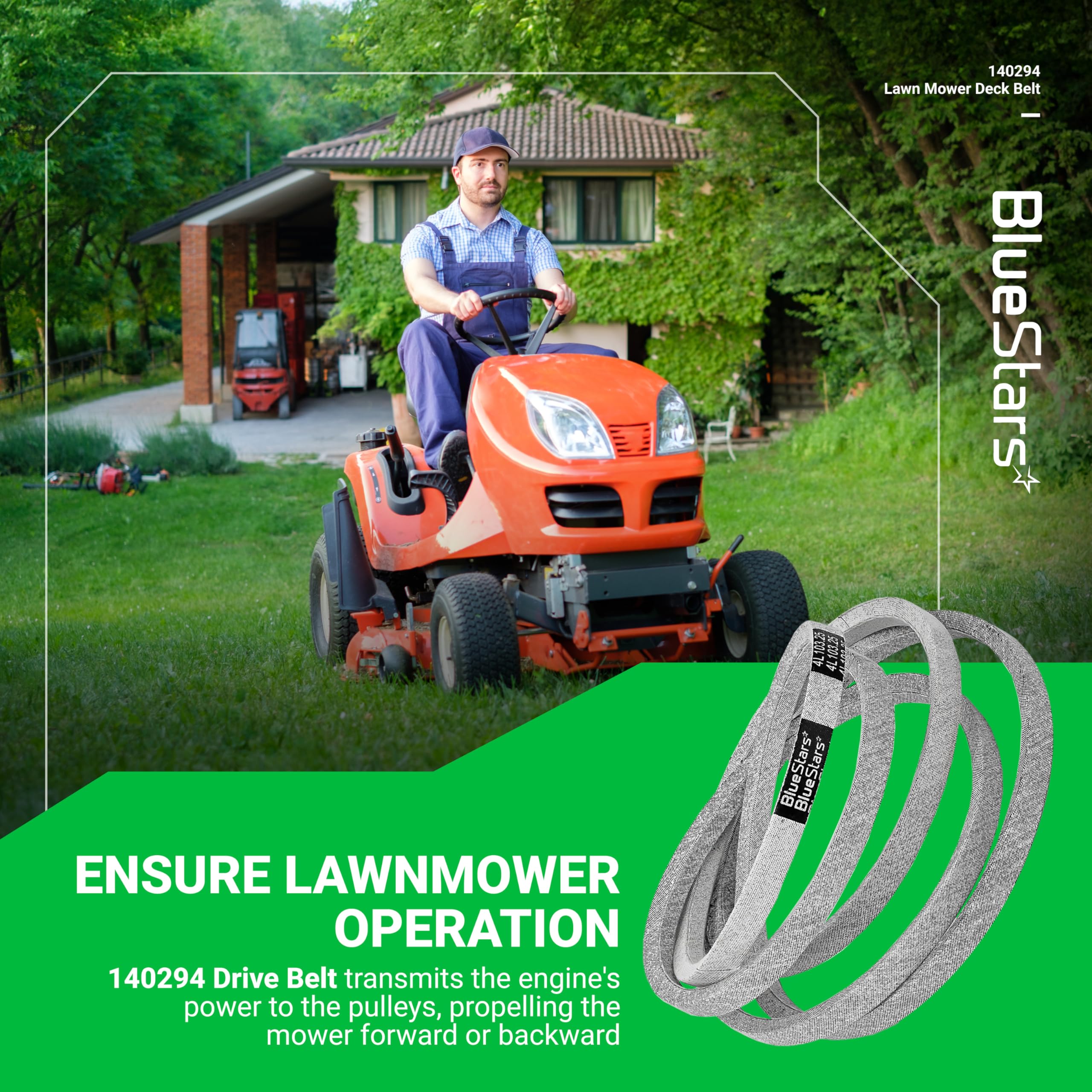 BlueStars drive belt with aramid cord signaling durability for lawn tractor use