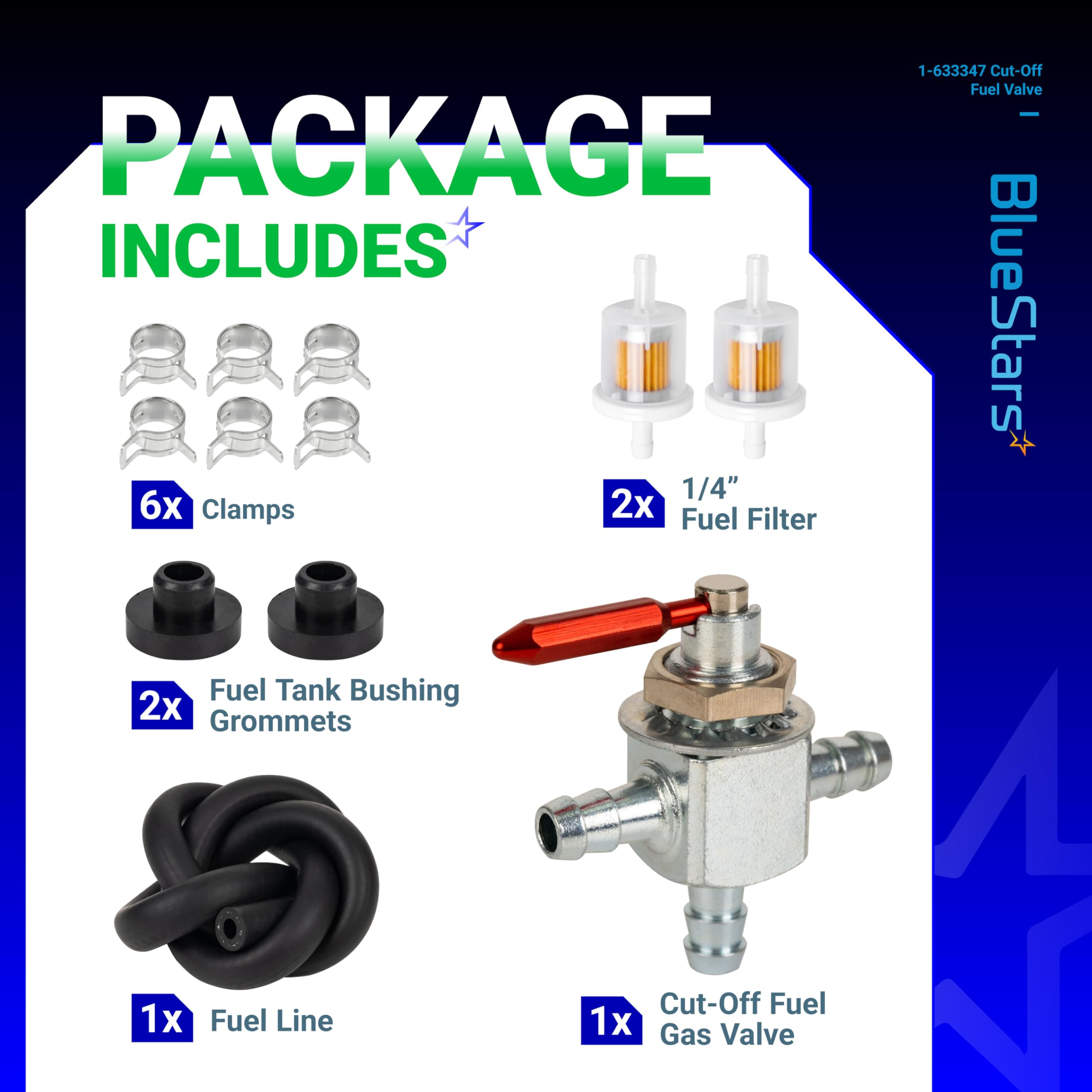 BlueStars fuel filter kit with quarter-inch barbs preserves fuel purity.