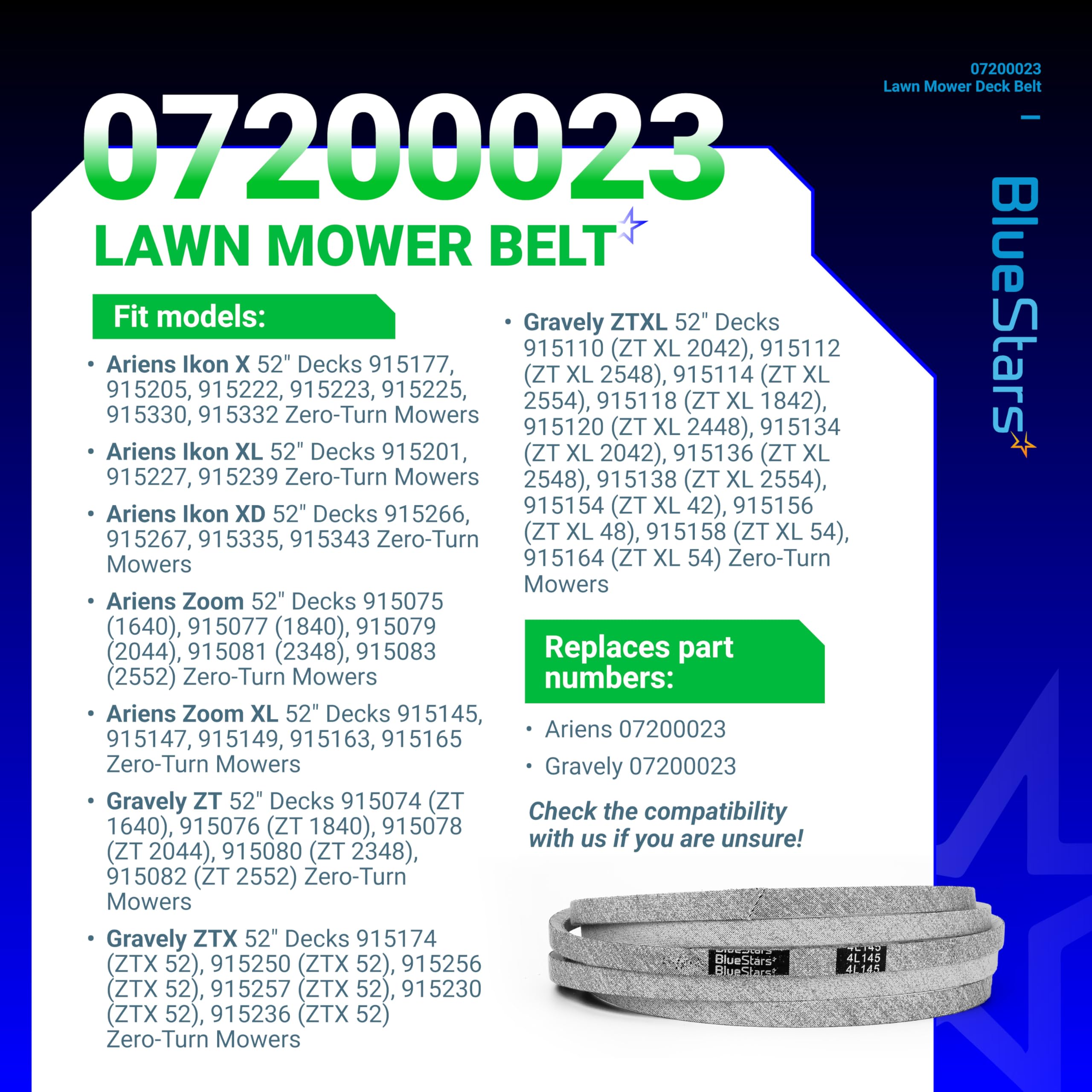 BlueStars deck belt guards against oil and static for safer operation.