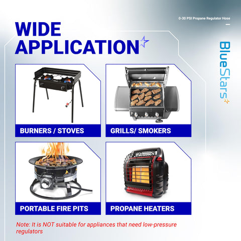 BlueStars high-flow capability up to 136,000 BTU for large grills.