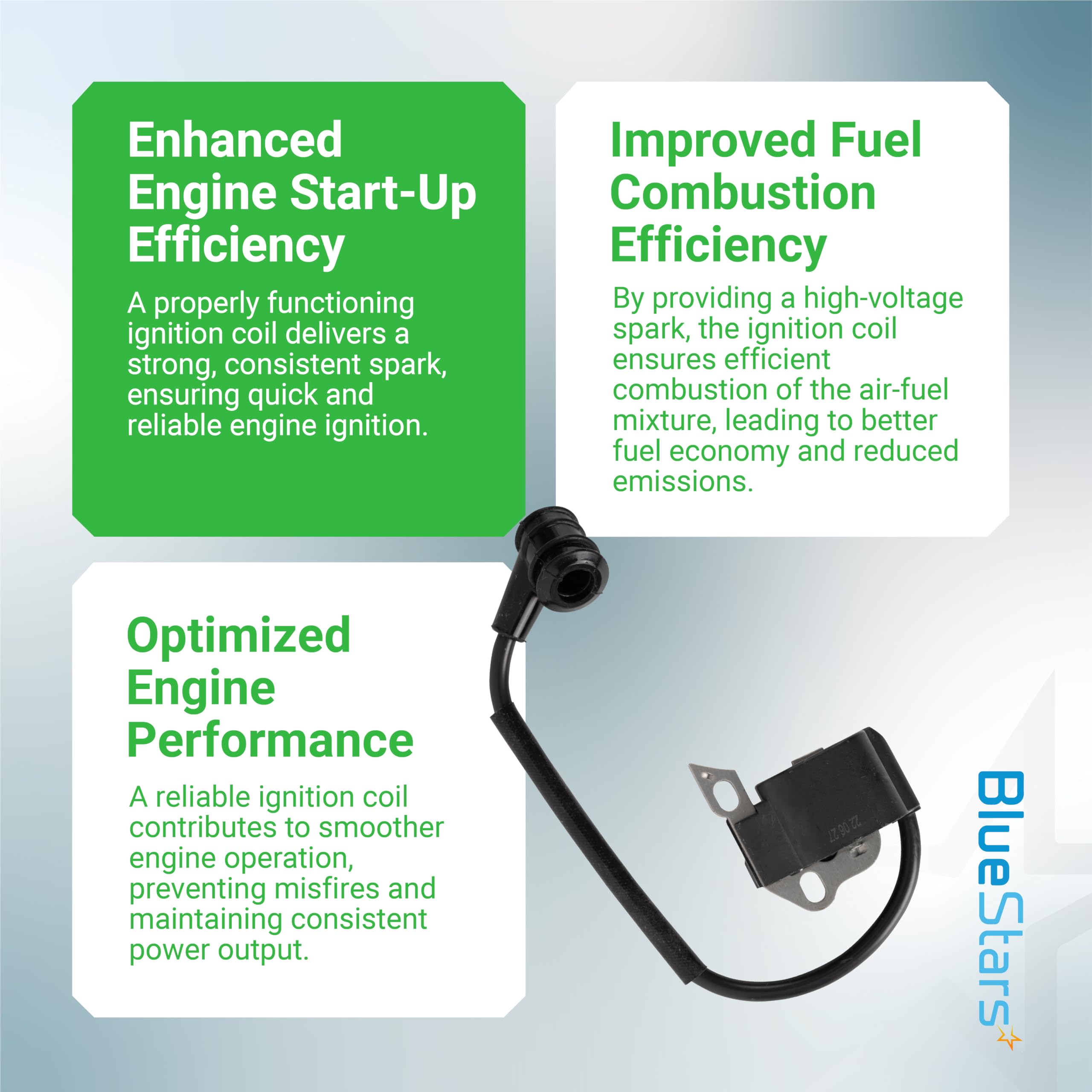 BlueStars ignition coil material closeup shows high-grade alloy and ABS durability.