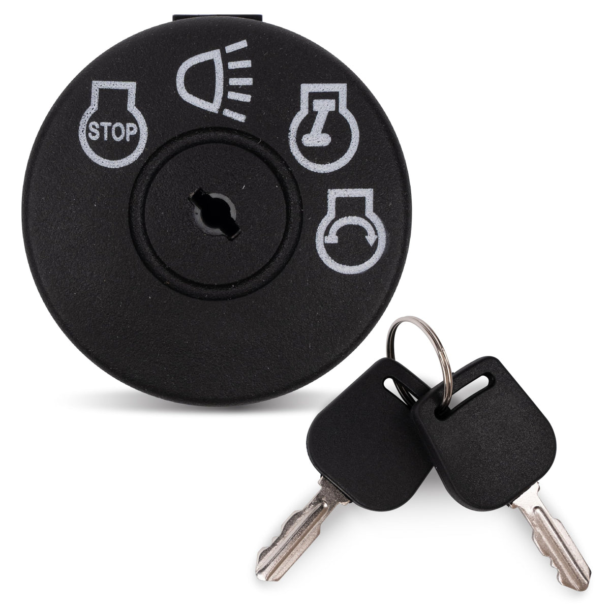 BlueStars ignition switch front view with 4-position control for easy mower startup.