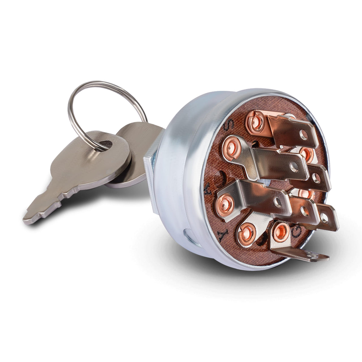 BlueStars ignition switch front view with durable aluminum housing and brass terminals for reliable starts